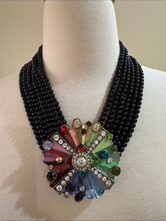 Jewelry - Black Beaded Statement Necklace with Multicolor Rainbow Crystal Burst Pendant